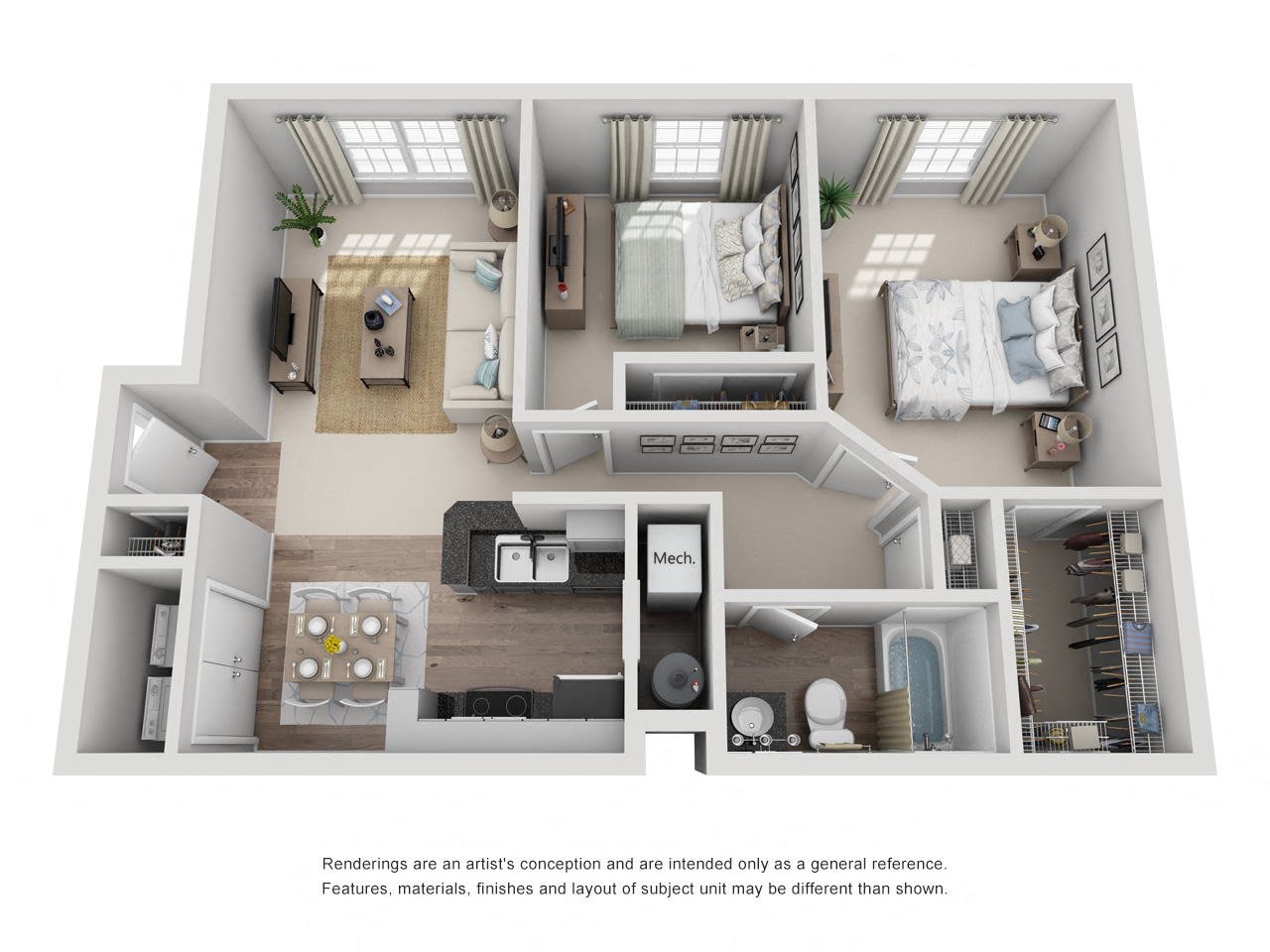 a rendering of the two bedroom floorplan at Oak Creek at Polaris