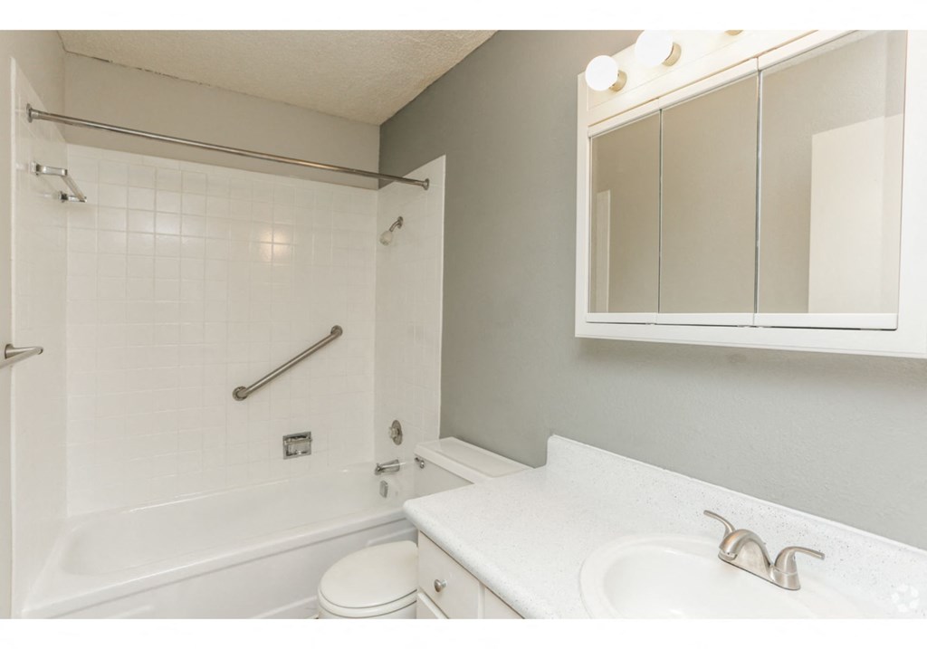 a bathroom with a sink and a bath tub and a mirror