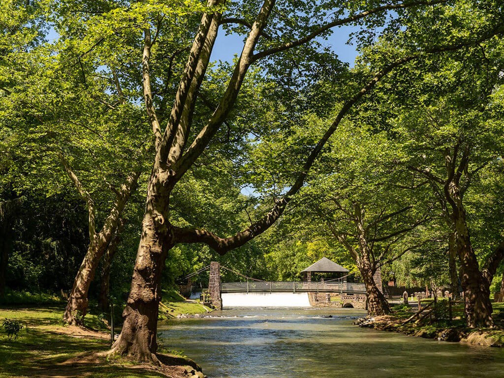 a bridge over a river with trees and a gazebo
