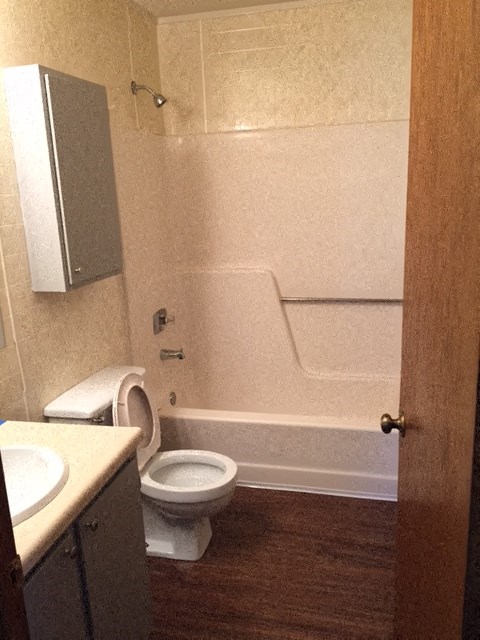 a bathroom with a toilet and a tub and a sink