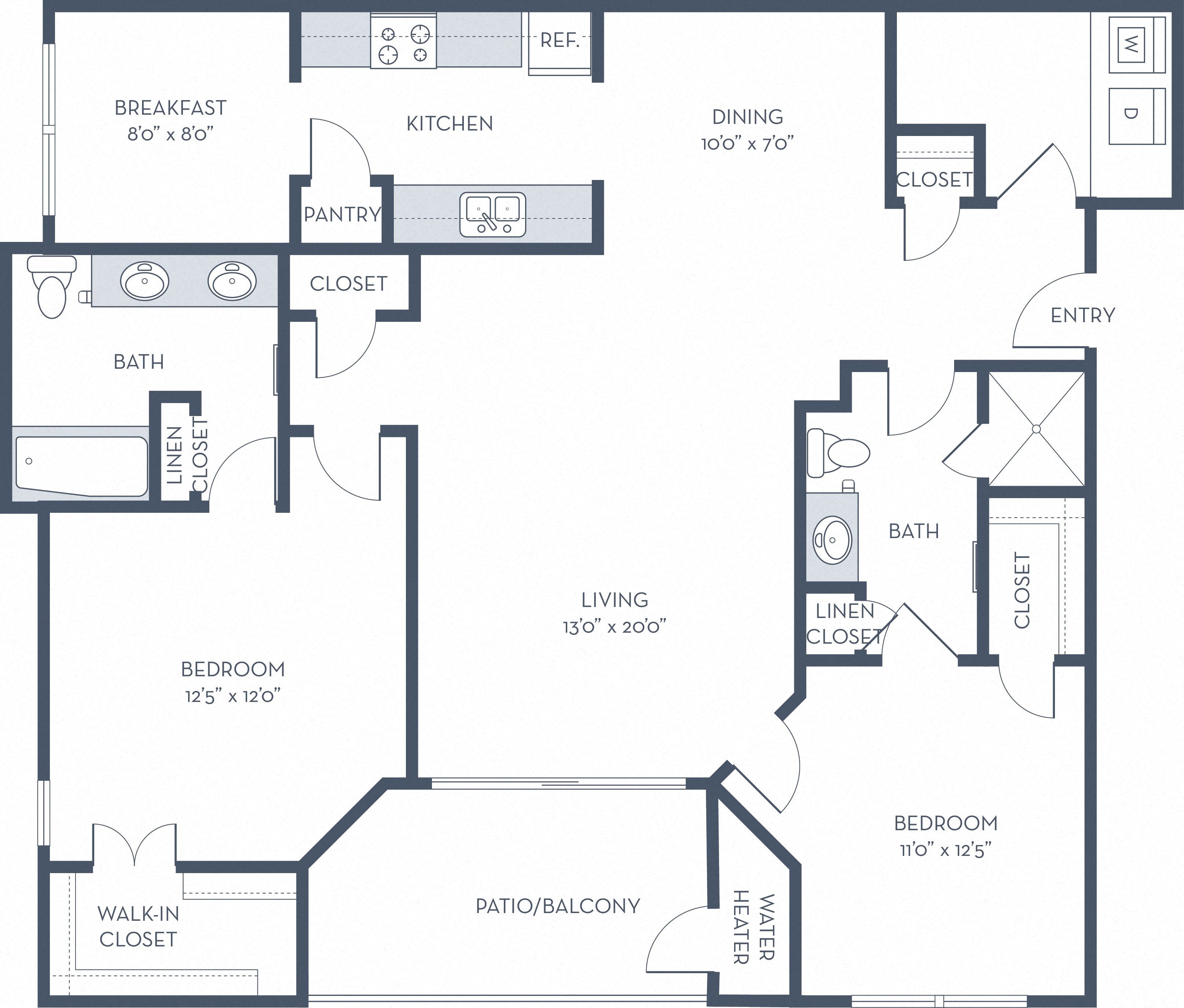 2 Bedroom 2 Bathroom Apartment with Breakfast Nook, Private Balcony, Dual Vanity in Bathroom, and Walk-In Closets