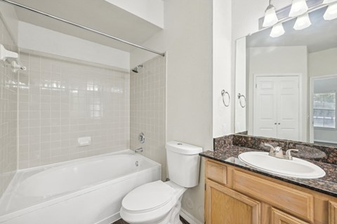 a bathroom with a tub sink and toilet and a mirror