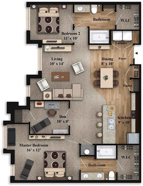 C2 ~ 2BR/2BA/Den Floor Plan at The Grandstone, Mason, 45040