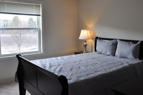 a bedroom with a bed and a window