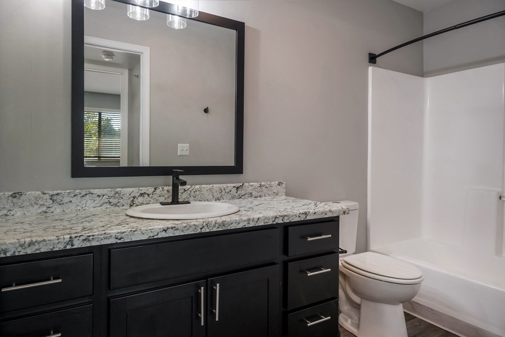 an empty bathroom with a sink and a toilet and a mirror