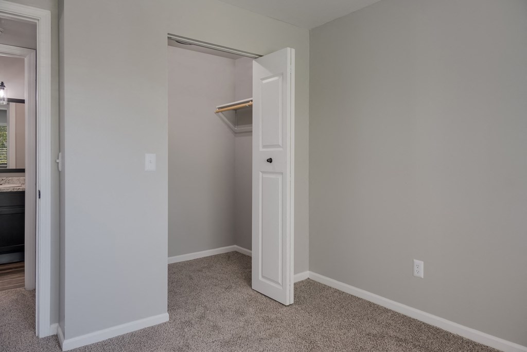 a bedroom with a closet and an open door to a closet