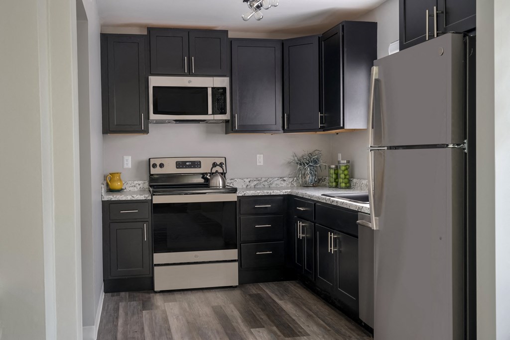 a kitchen with black cabinets and stainless steel appliances