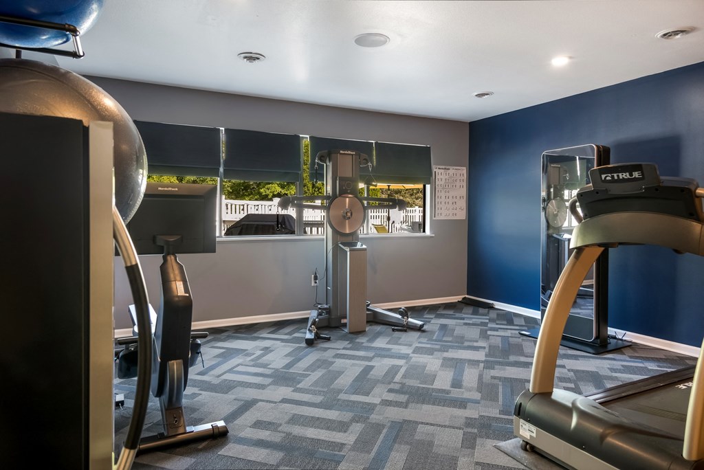 a gym with treadmills and other exercise equipment in a room
