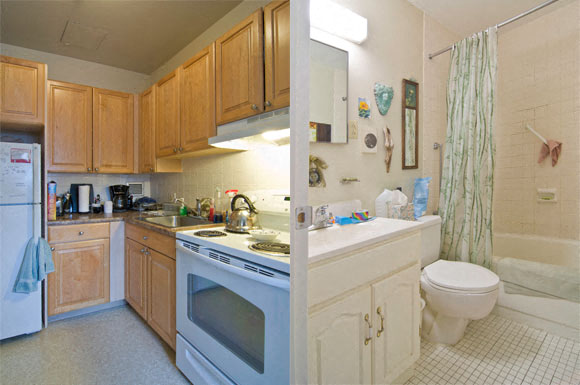 A kitchen with wooden cabinets and a white refrigerator.