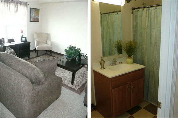 a living room with a couch and a bathroom with a sink