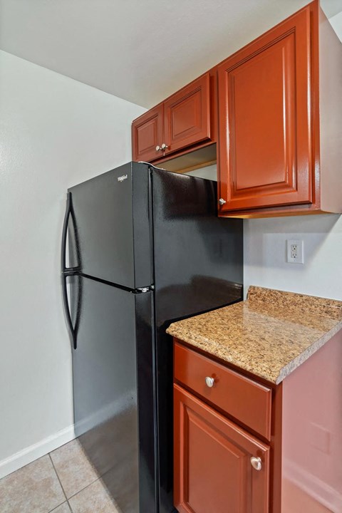 a kitchen with a black refrigerator and orange cabinets