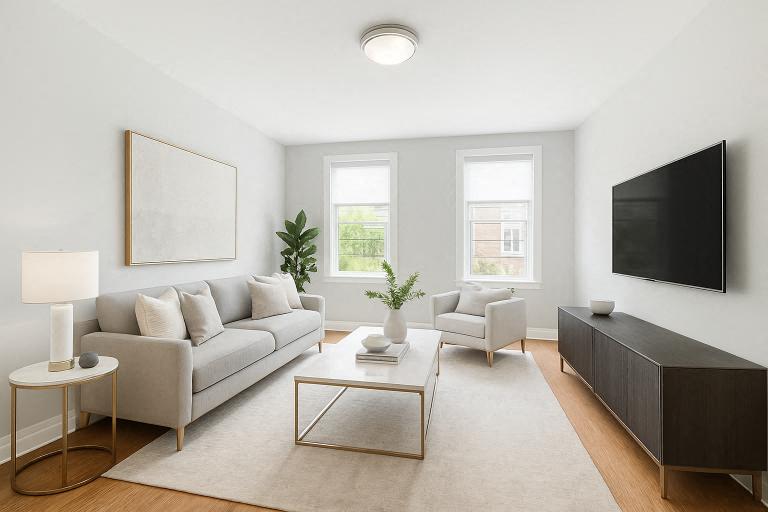 A modern living room with a grey sofa, a coffee table, a side table, a television, and a potted plant.