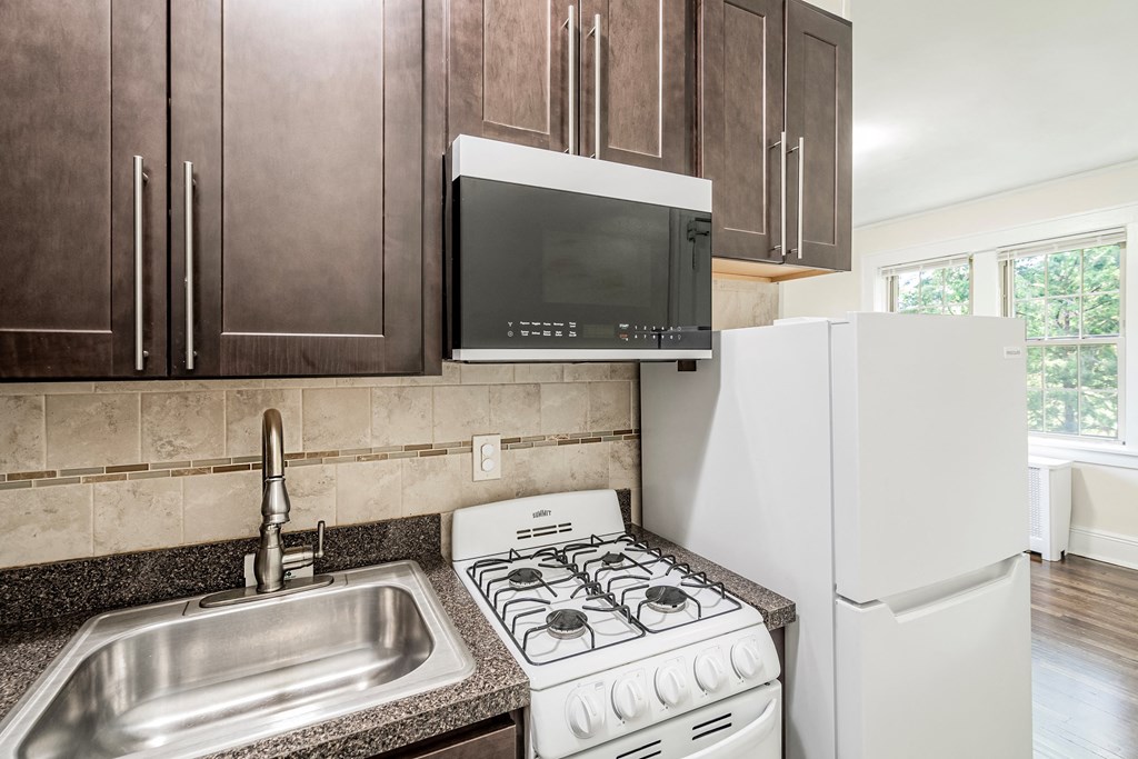 a kitchen with a stove and a sink and a microwave