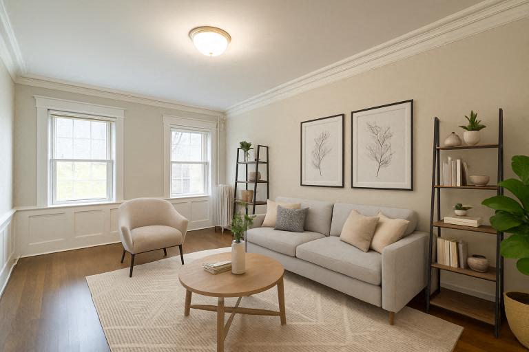 A living room with a white couch, a chair, a coffee table, and a bookshelf.