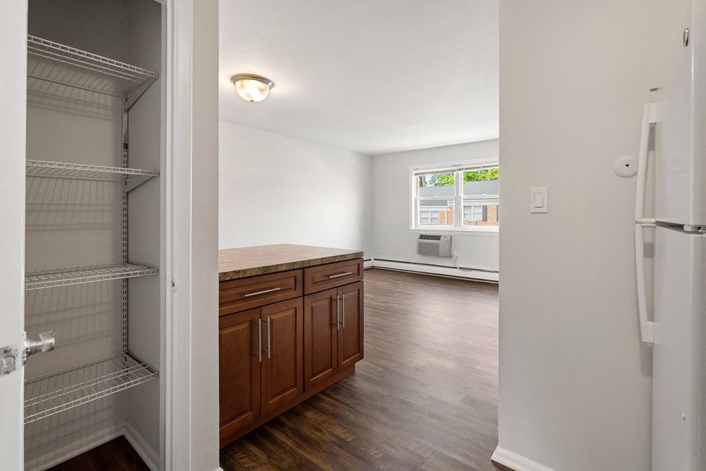 an empty kitchen and living room with an empty closet