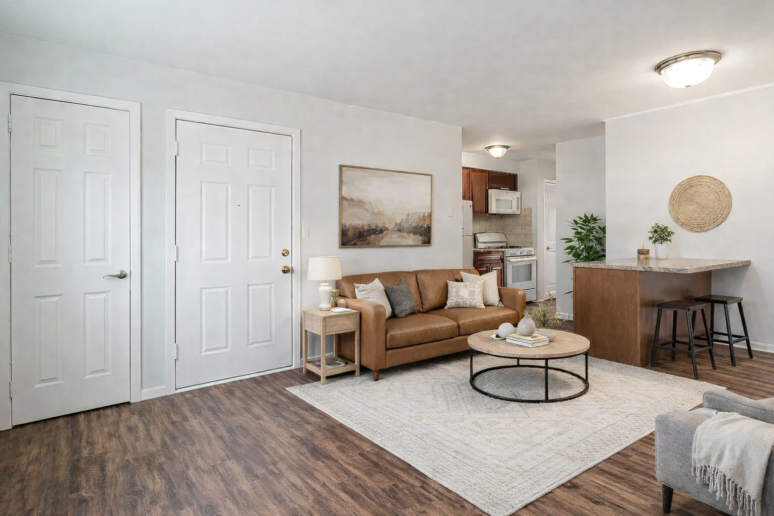 A living room with a brown couch and a white rug.