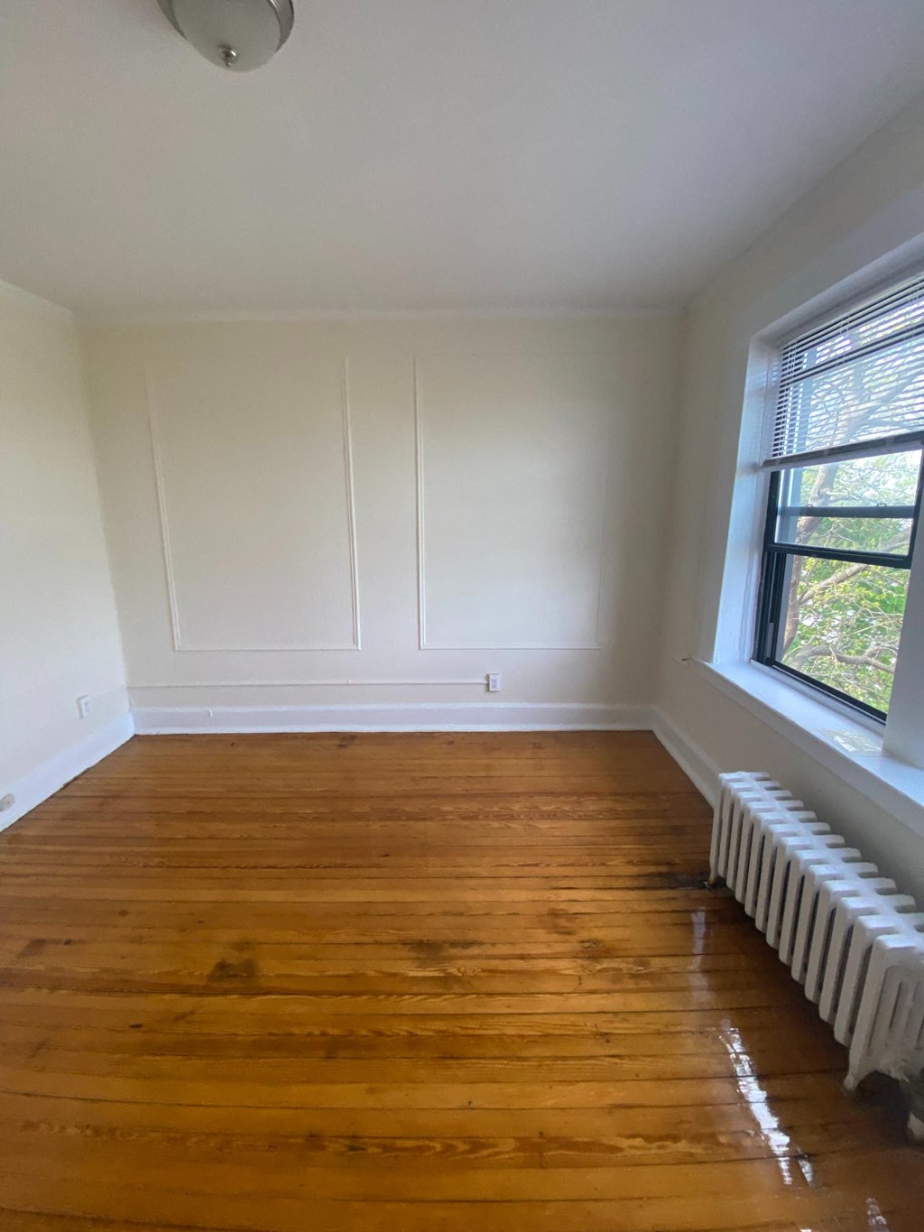 an empty room with a wood floor and a radiator