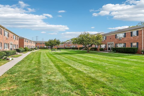 A grassy area in front of apartment buildings.