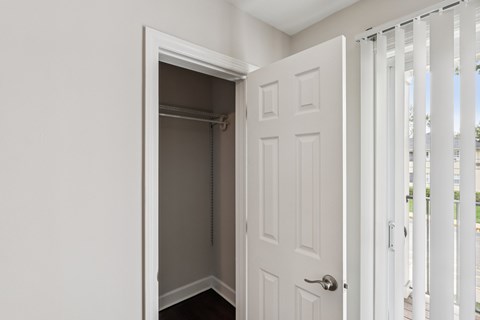 A white door is open to a small closet.