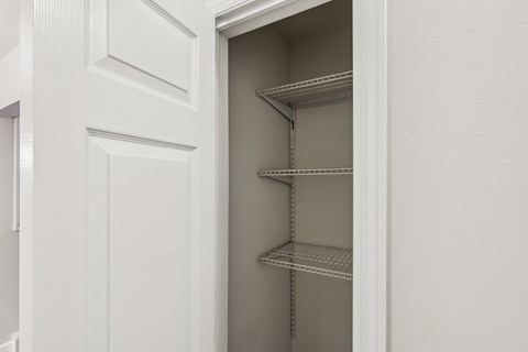 Empty shelves in a white pantry.
