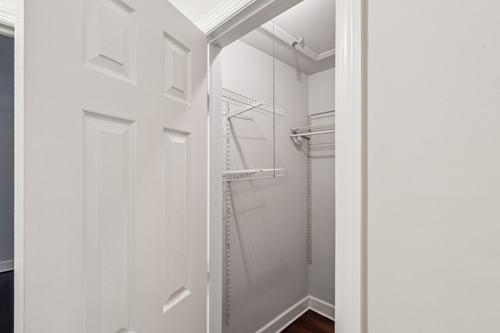 A white door opens to a walk-in closet with shelves and hangers.