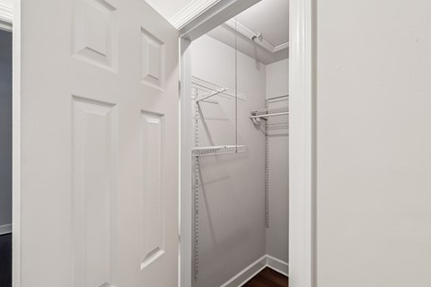 A white door opens to a walk-in closet with shelves and hangers.