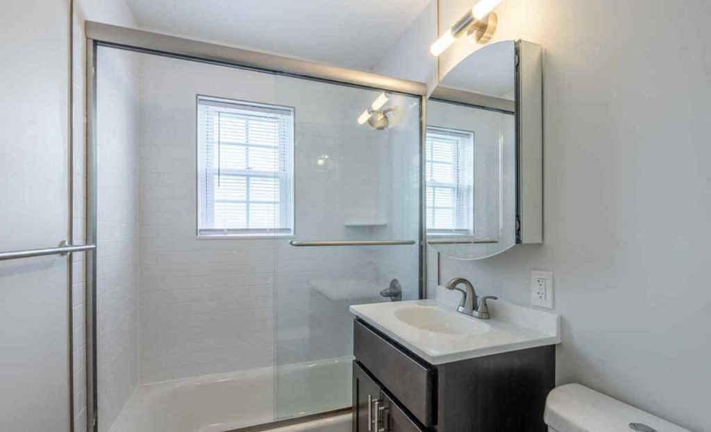 a bathroom with a sink and a shower and a mirror