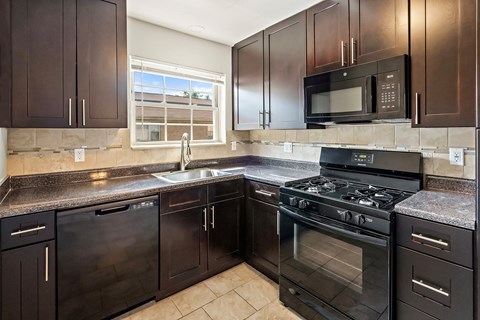 a kitchen with stainless steel appliances and black cabinets