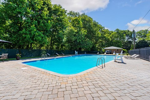 a swimming pool with trees in the background