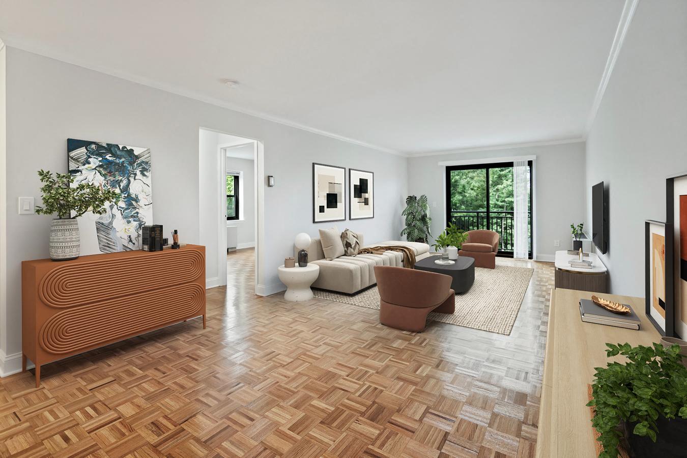 the living room has a hardwood floor and white walls
