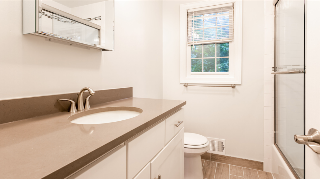a bathroom with a sink and a toilet and a shower