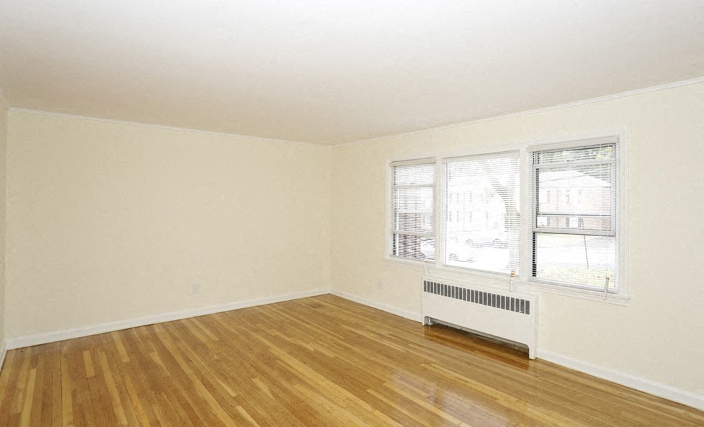 an empty room with a wood floor and a window