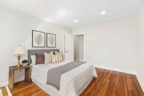 A bedroom with a bed, a lamp, and two framed leaves on the wall.