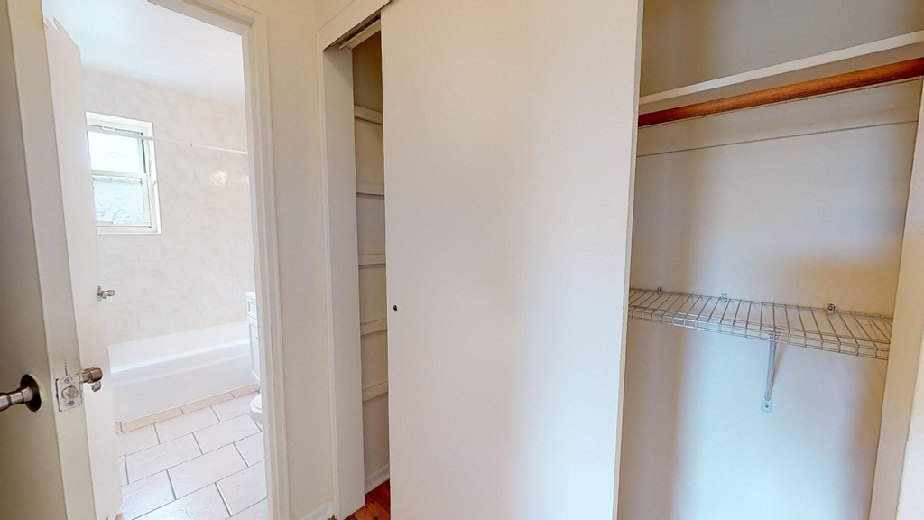a bathroom with a shower and a closet