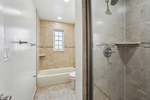 A bathroom with a tub, toilet, and shower.