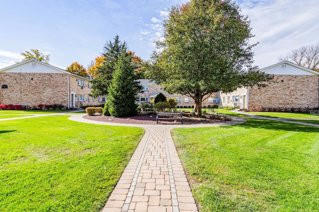 the front yard of a brick house with a tree and a pathway