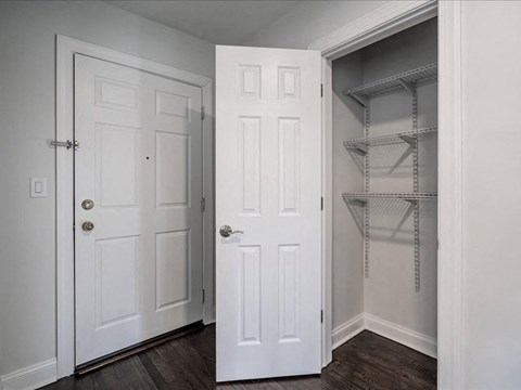 A white door is open to a walk-in closet.