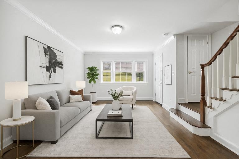 A living room with a grey couch, a coffee table, and a painting on the wall.