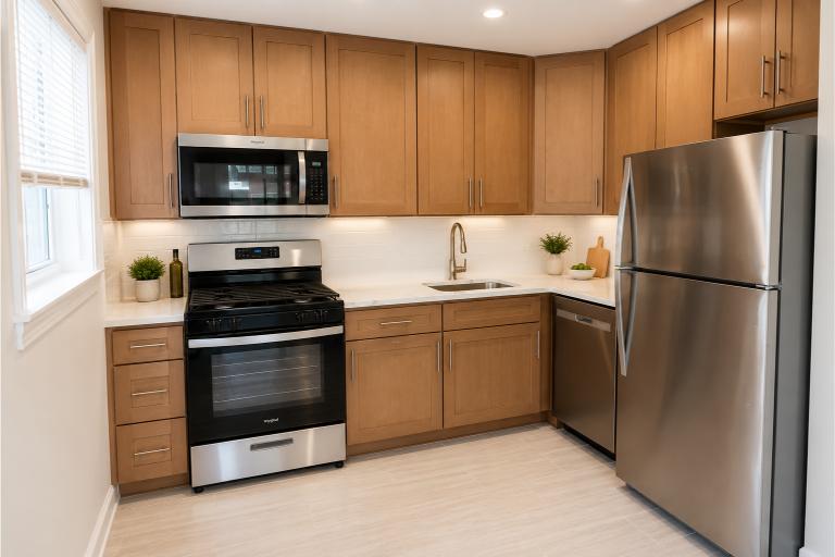 A modern kitchen with wooden cabinets and stainless steel appliances.