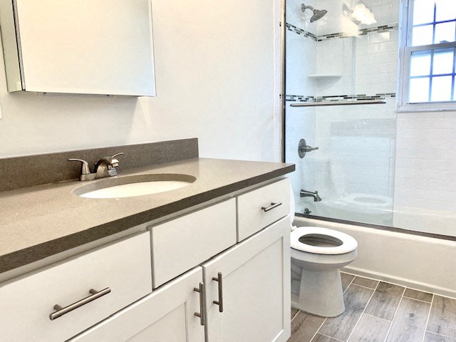 a bathroom with a sink and a toilet and a shower