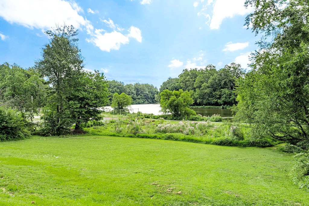 a view of a grassy field with a lake in the background