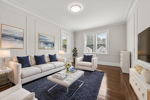 A living room with a white couch, a coffee table, and a blue rug.
