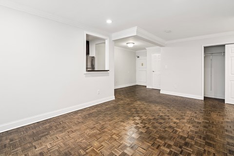 a living room with white walls and wood flooring and a closet