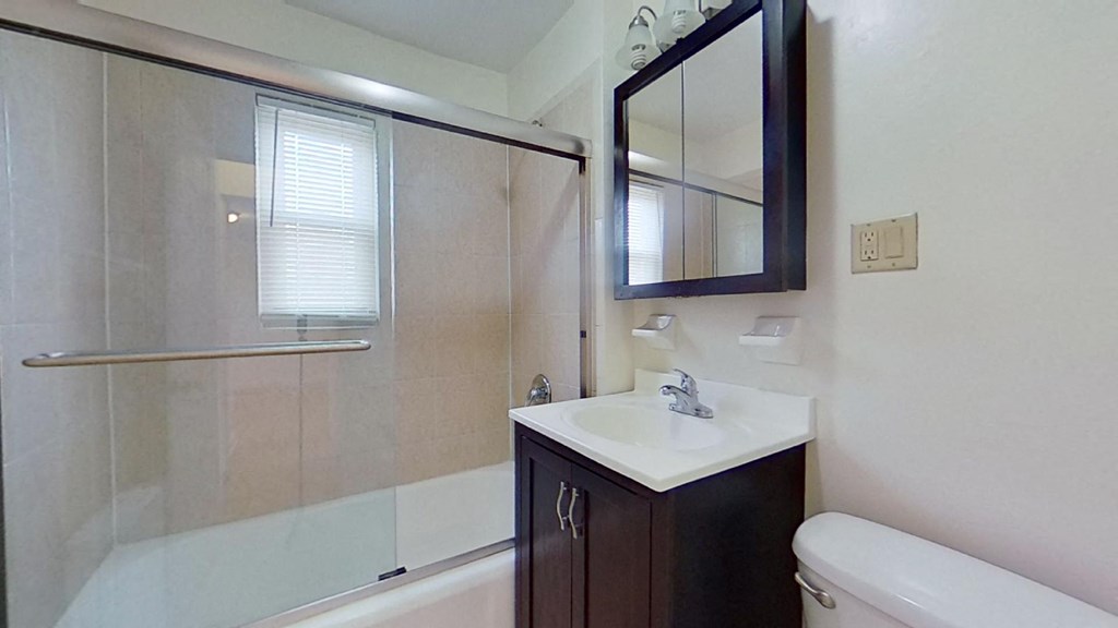 a bathroom with a sink and a shower and a mirror