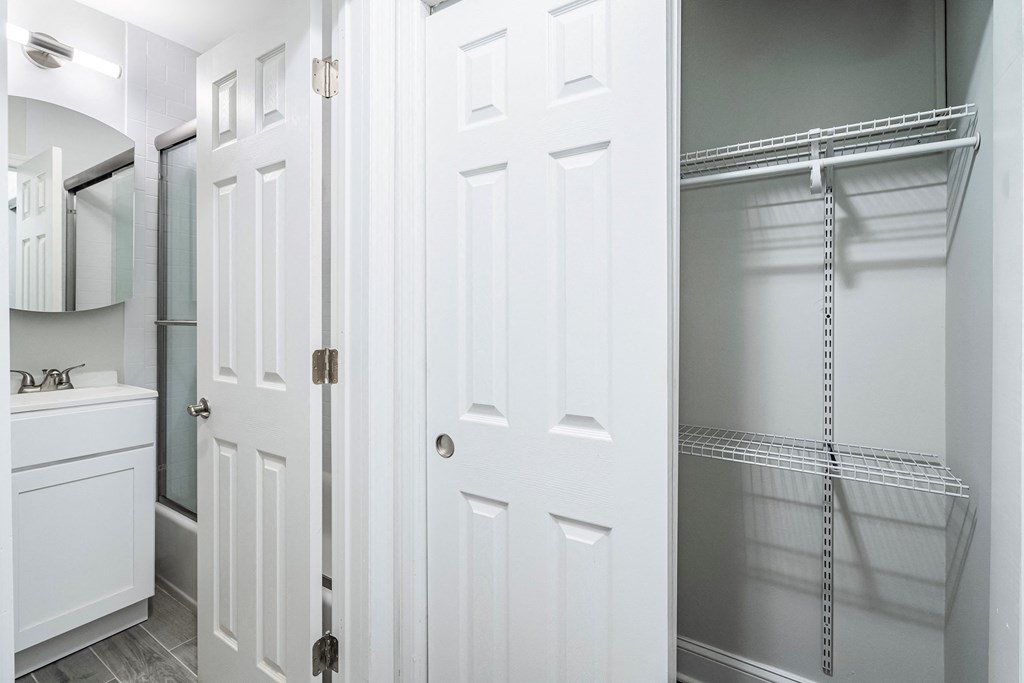 a bathroom with a closet and a white door