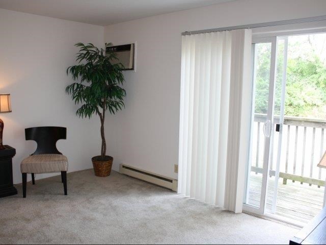 a living room with a large window and a potted plant