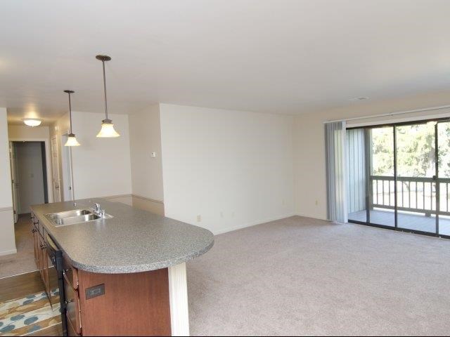 an empty living room and kitchen with a sink