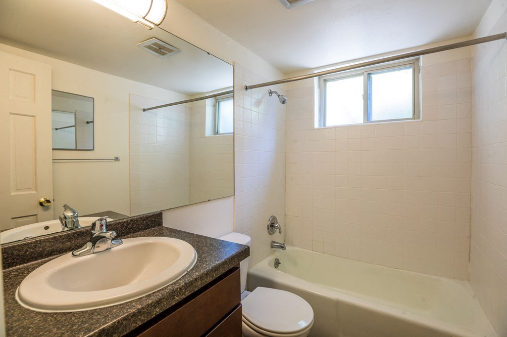 a bathroom with a sink and a tub and a mirror