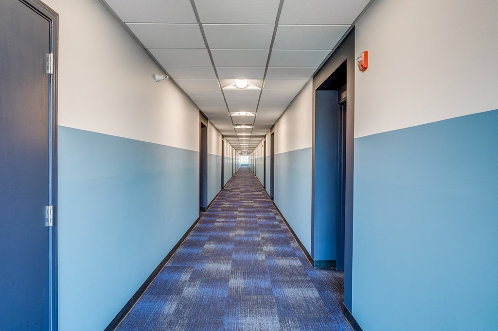 a corridor with blue walls and blue doors and a carpeted floor