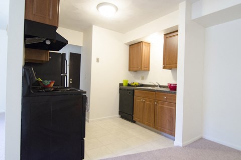 a kitchen with black appliances and wooden cabinets